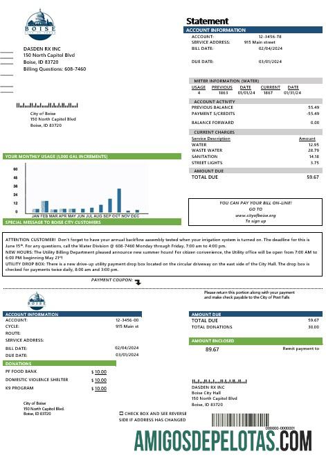 Para baixar modelo de conta de serviços públicos para negócios de água, EUA, Idaho, Boise, cidade das árvores, em formatos Word e PDF